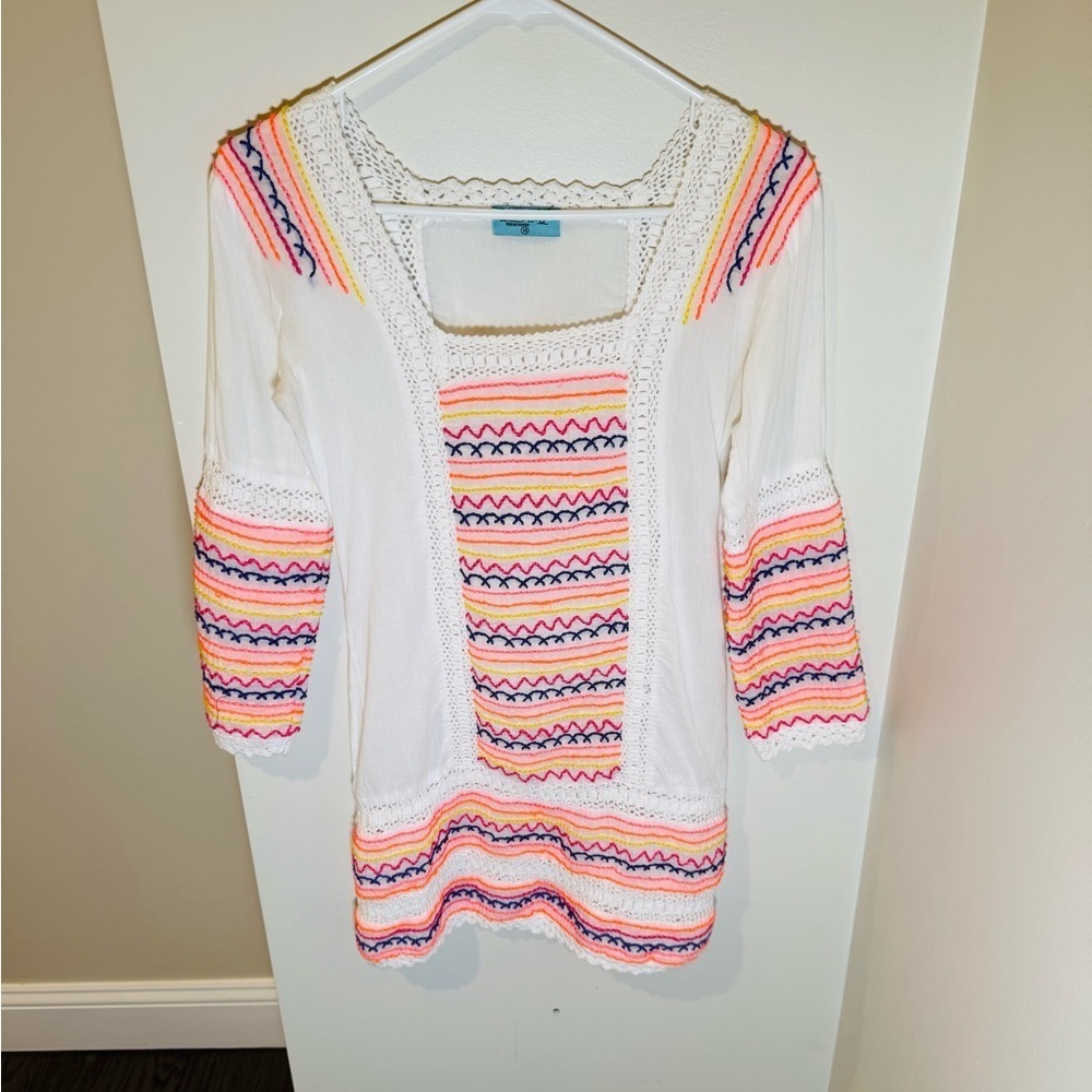 Letarte Handmade White W Vibrant Crochet Embroidered Cotton Coverup Size XS